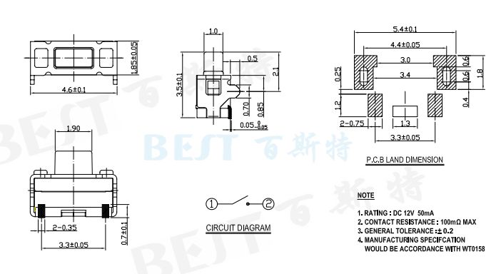 輕觸開關(guān)TS-1111C參考圖紙