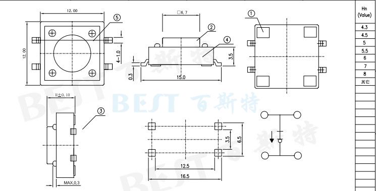 輕觸開(kāi)關(guān)TS-1103W參考圖紙