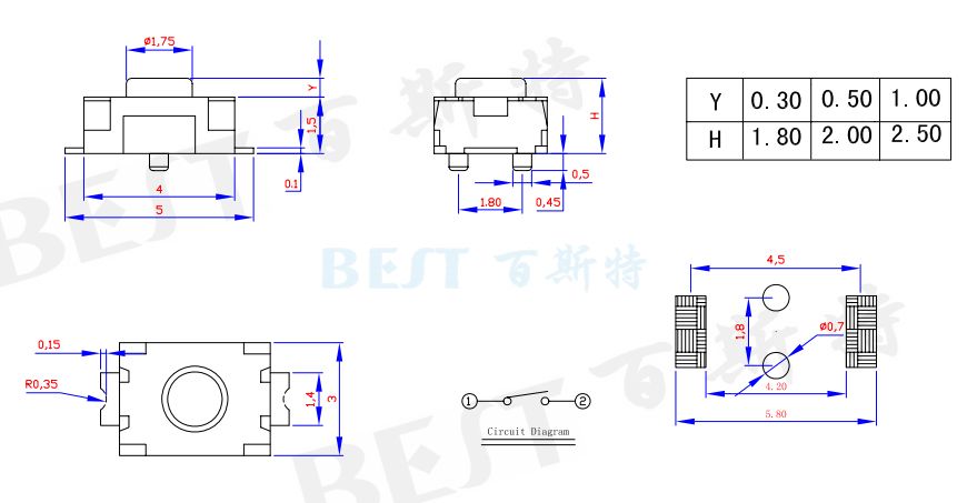 輕觸開關(guān)3×4_TS-1185E_參考圖紙